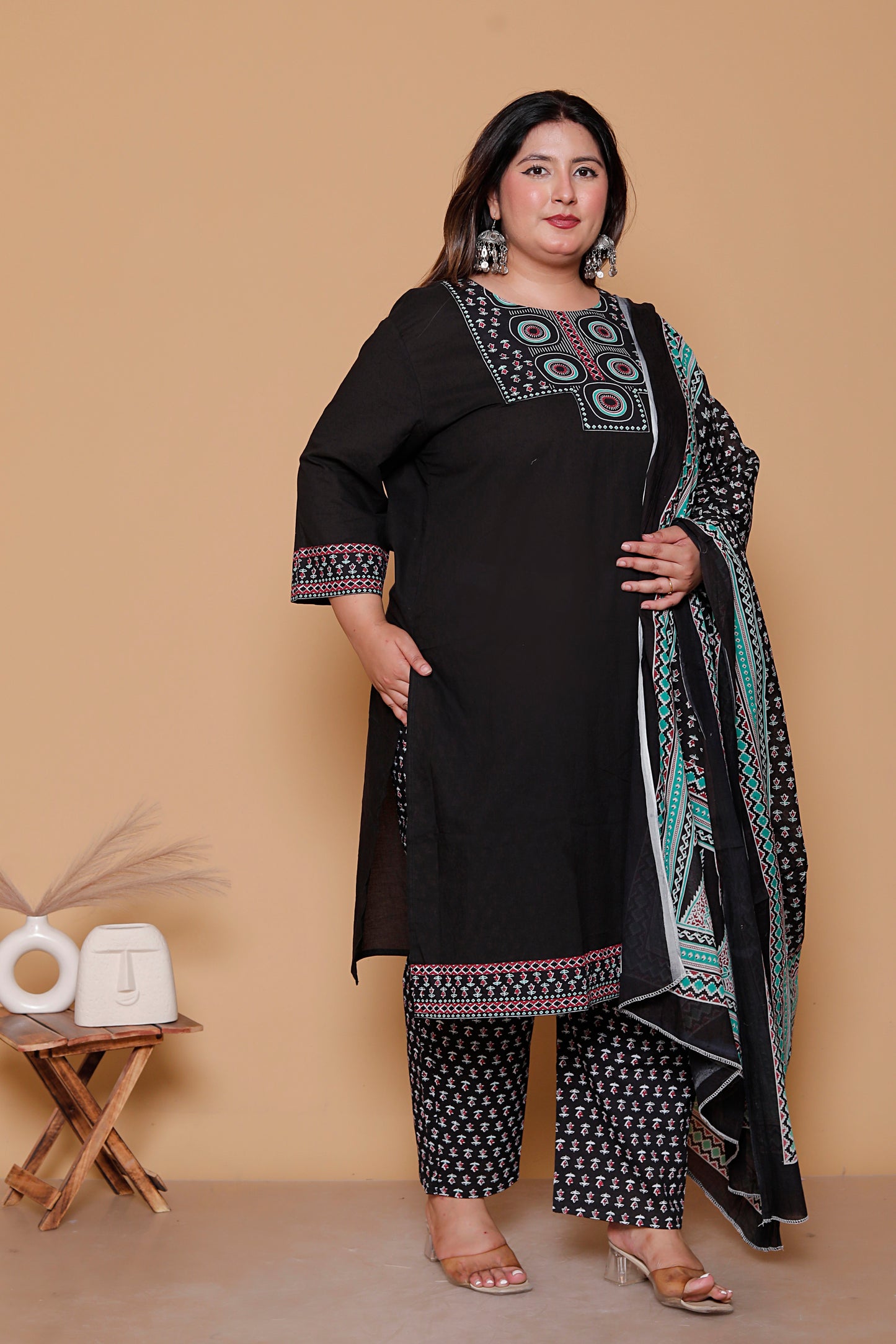 AJRAKH ETHNIC PRINT COTTON 3 PEICE KURTA PANT IN BLACK BY PLUSSIZEKURTI