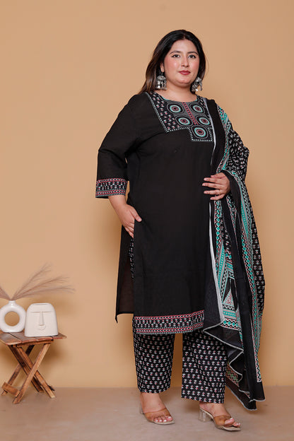 AJRAKH ETHNIC PRINT COTTON 3 PEICE KURTA PANT IN BLACK BY PLUSSIZEKURTI