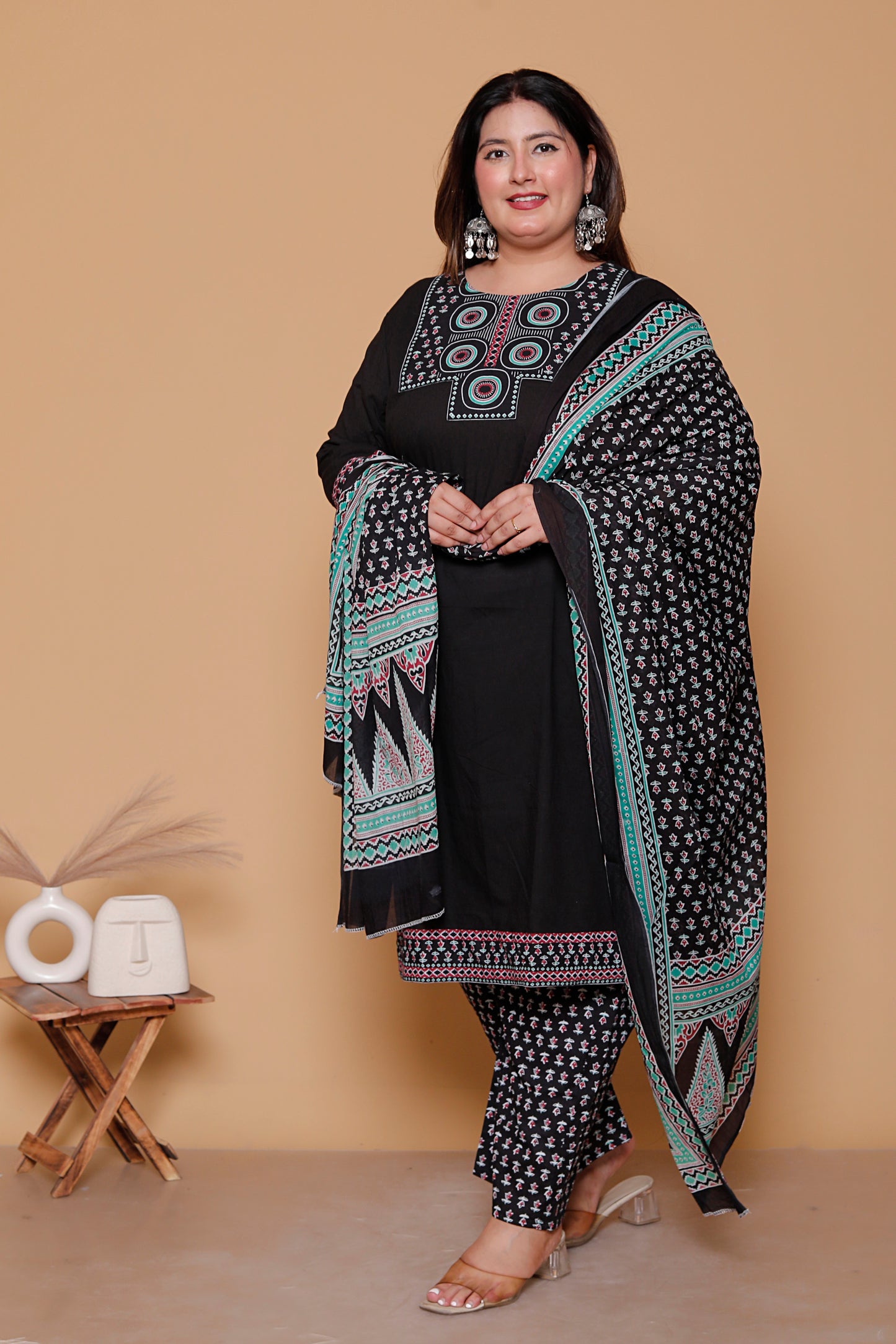 AJRAKH ETHNIC PRINT COTTON 3 PEICE KURTA PANT IN BLACK BY PLUSSIZEKURTI