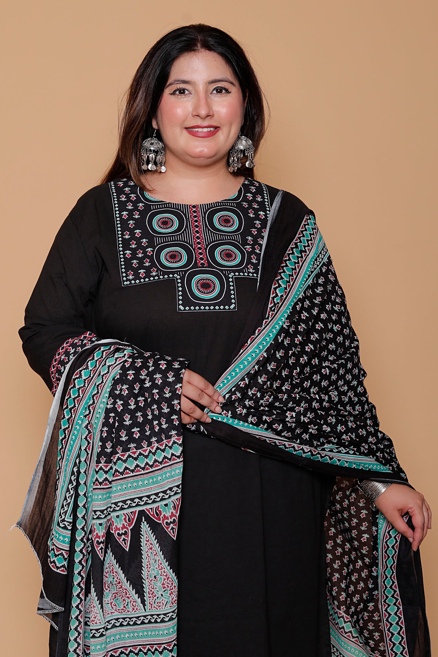 AJRAKH ETHNIC PRINT COTTON 3 PEICE KURTA PANT IN BLACK BY PLUSSIZEKURTI