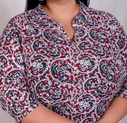 ABSTRACT FLORAL BLOCK PRINT COTTON KURTI IN MAROON/BLUE BY PLUSSIZEKURTI