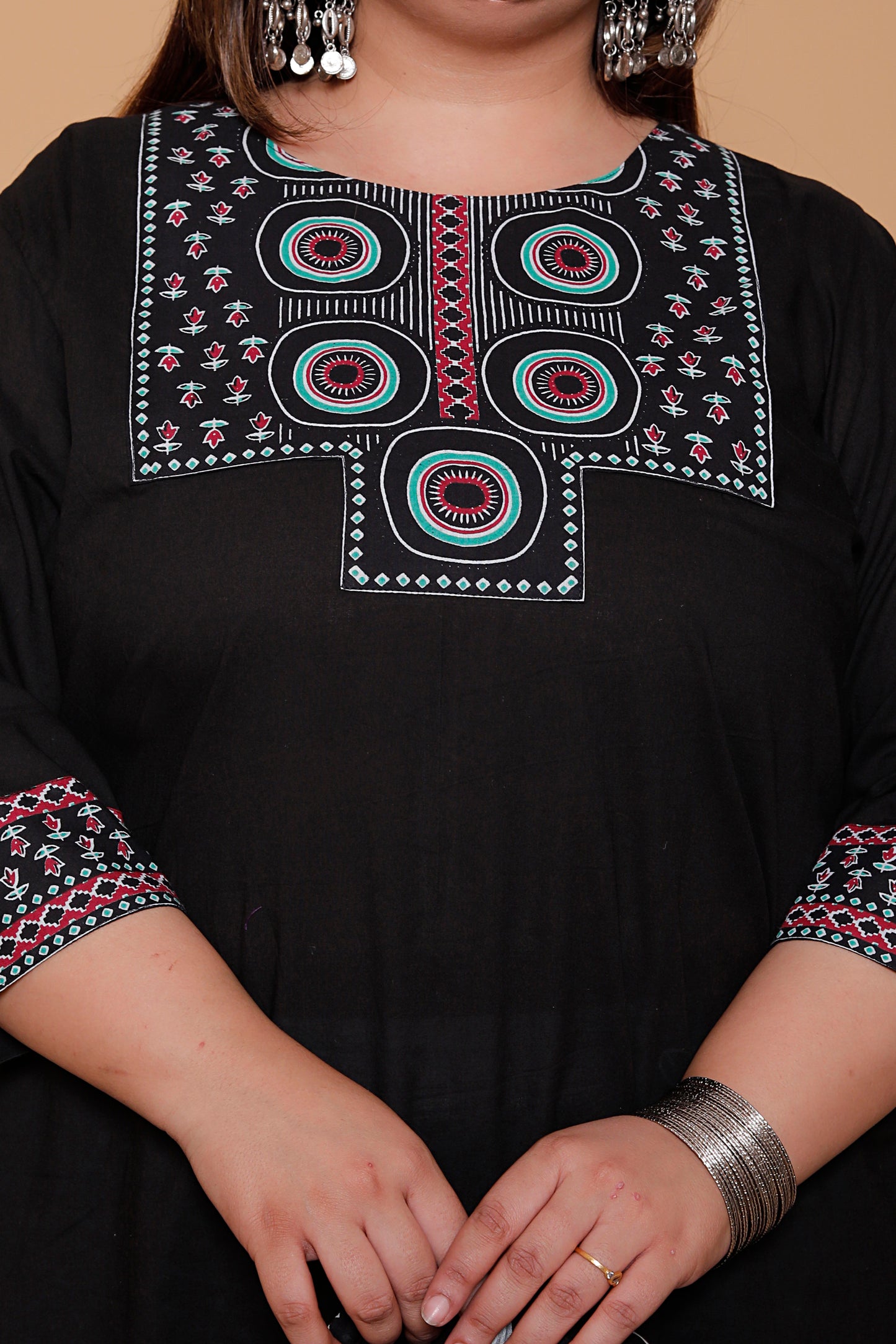 AJRAKH ETHNIC PRINT COTTON 3 PEICE KURTA PANT IN BLACK BY PLUSSIZEKURTI