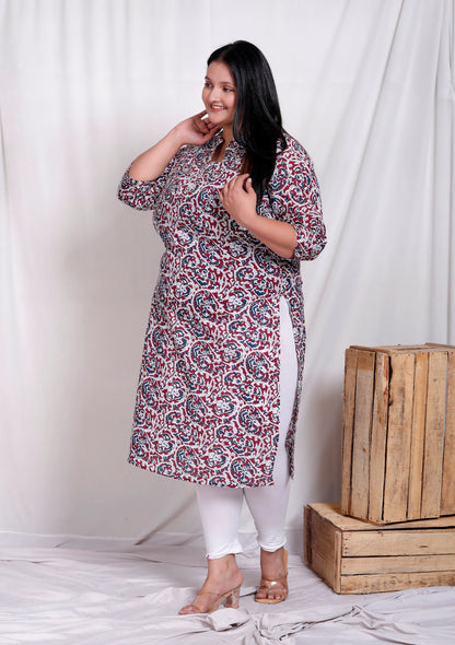 ABSTRACT FLORAL BLOCK PRINT COTTON KURTI IN MAROON/BLUE BY PLUSSIZEKURTI