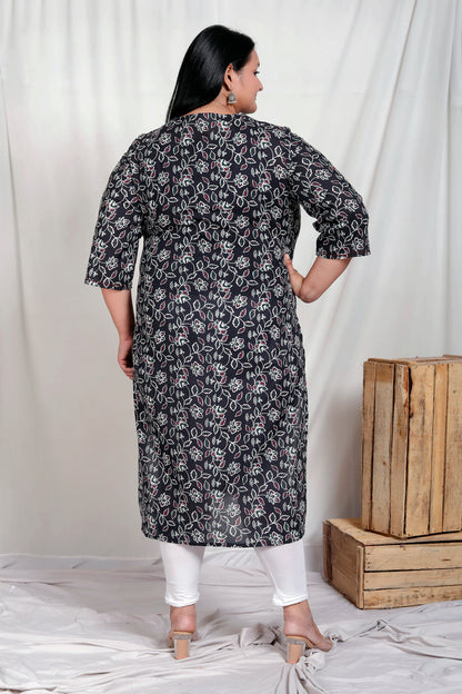 ABSTRACT FLORAL BLOCK PRINT COTTON KURTI IN BLACK BY PLUSSIZEKURTI