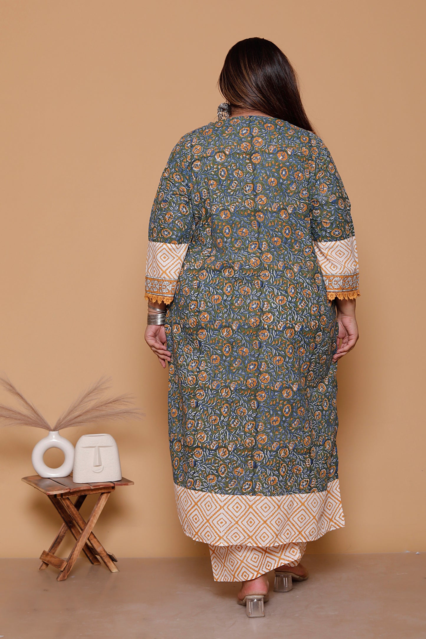 FLORAL GEOMETRIC DIAMOND PRINT COTTON 3 PEICE KURTA PANT IN OLIVE GREEN BY PLUSSIZEKURTI
