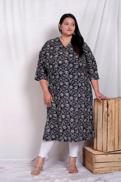 ABSTRACT FLORAL BLOCK PRINT COTTON KURTI IN BLACK BY PLUSSIZEKURTI