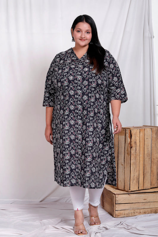 ABSTRACT FLORAL BLOCK PRINT COTTON KURTI IN BLACK BY PLUSSIZEKURTI