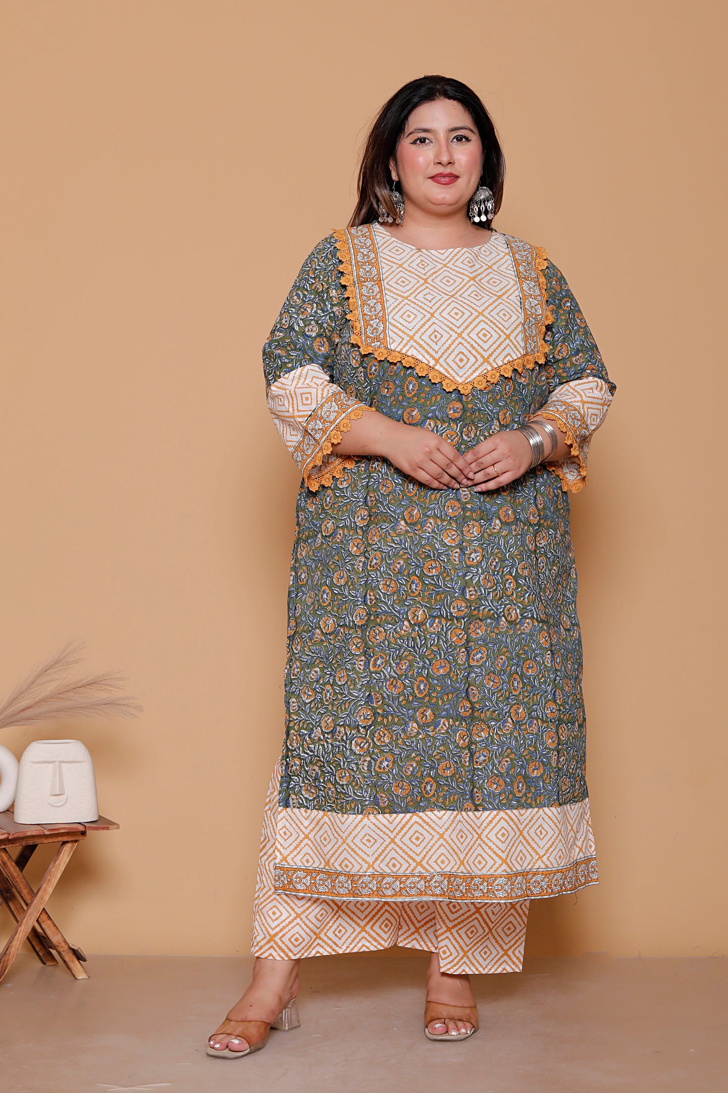 FLORAL GEOMETRIC DIAMOND PRINT COTTON 3 PEICE KURTA PANT IN OLIVE GREEN BY PLUSSIZEKURTI