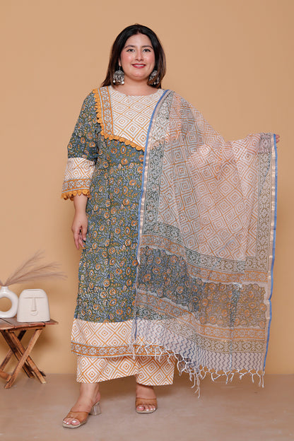 FLORAL GEOMETRIC DIAMOND PRINT COTTON 3 PEICE KURTA PANT IN OLIVE GREEN BY PLUSSIZEKURTI