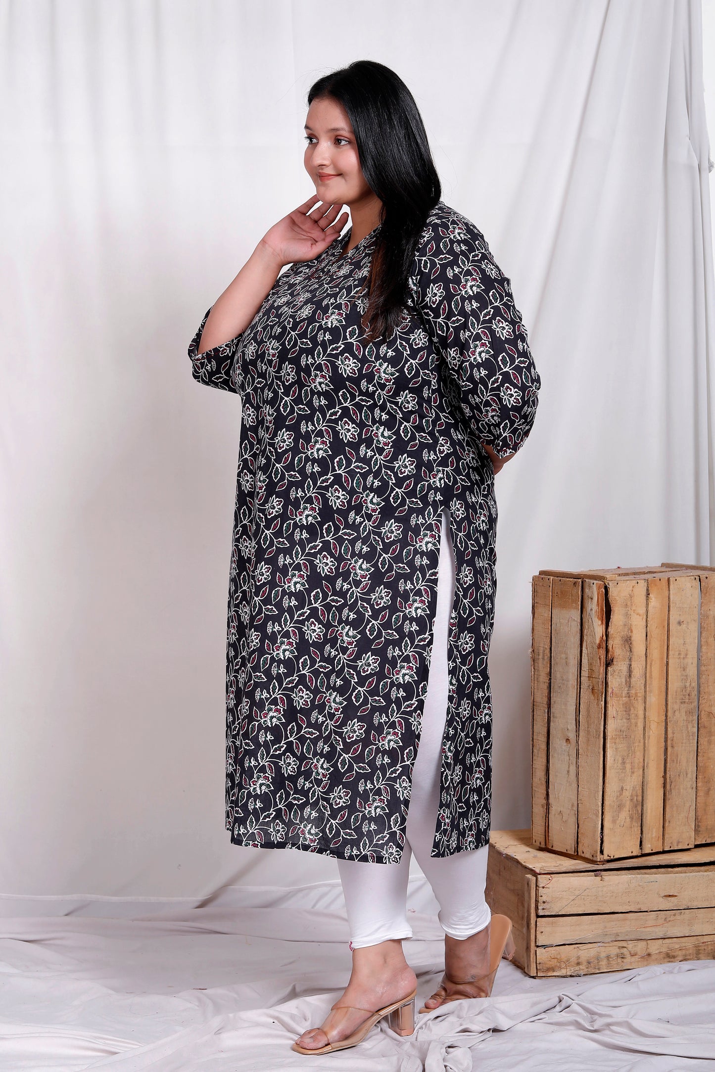 ABSTRACT FLORAL BLOCK PRINT COTTON KURTI IN BLACK BY PLUSSIZEKURTI