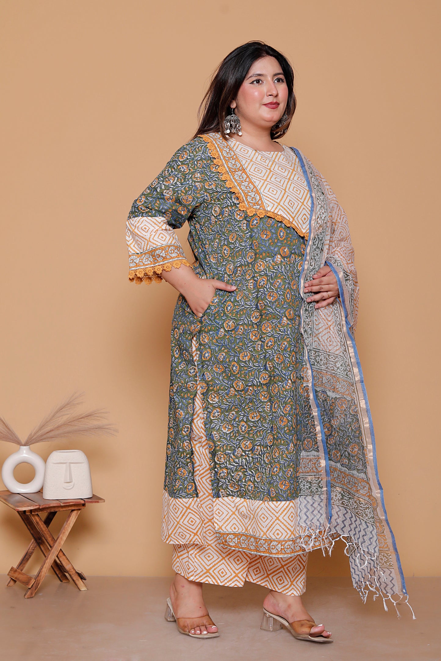 FLORAL GEOMETRIC DIAMOND PRINT COTTON 3 PEICE KURTA PANT IN OLIVE GREEN BY PLUSSIZEKURTI