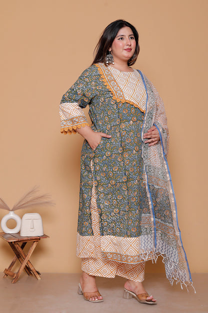 FLORAL GEOMETRIC DIAMOND PRINT COTTON 3 PEICE KURTA PANT IN OLIVE GREEN BY PLUSSIZEKURTI