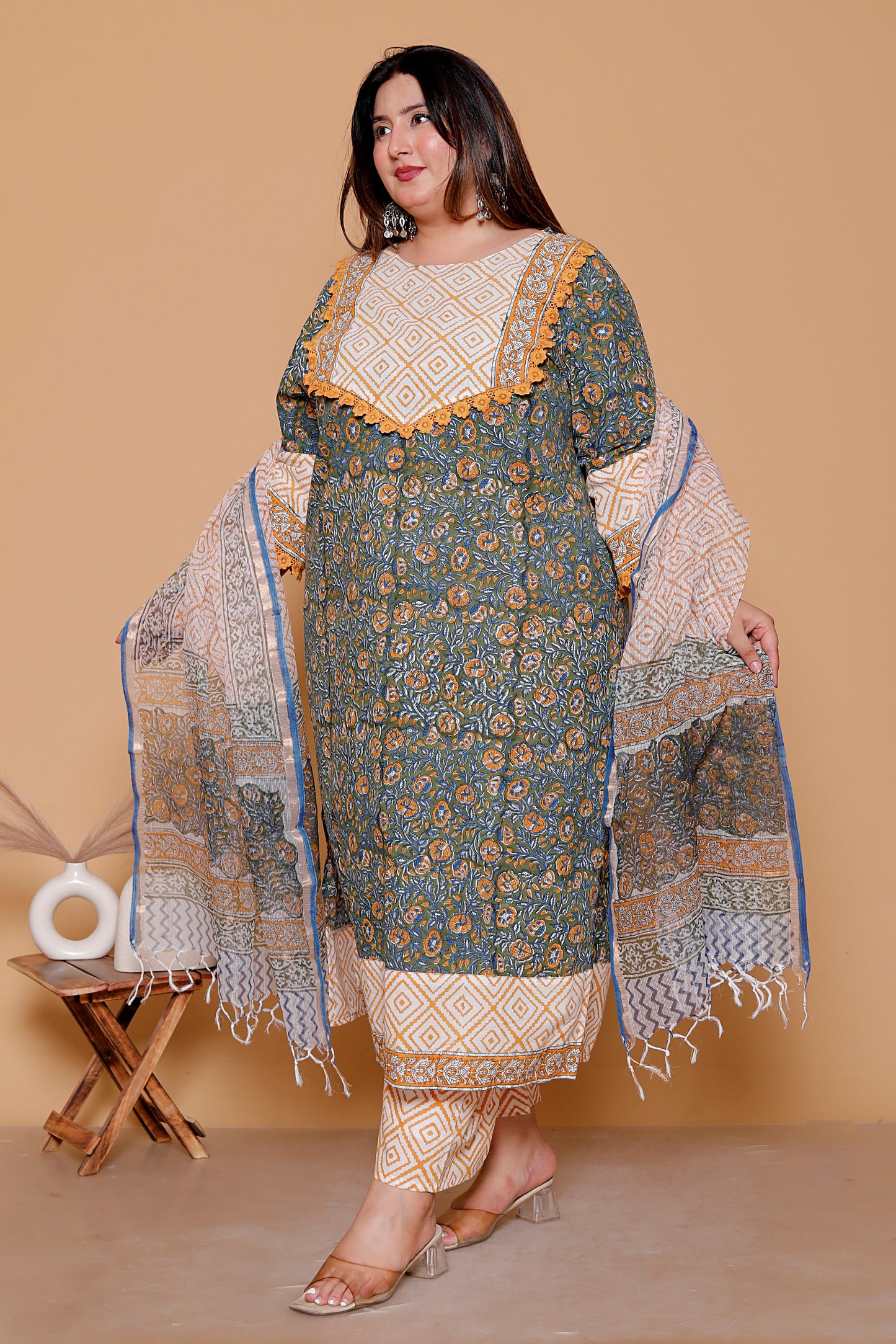 FLORAL GEOMETRIC DIAMOND PRINT COTTON 3 PEICE KURTA PANT IN OLIVE GREEN BY PLUSSIZEKURTI