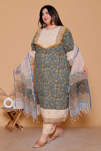 FLORAL GEOMETRIC DIAMOND PRINT COTTON 3 PEICE KURTA PANT IN OLIVE GREEN BY PLUSSIZEKURTI