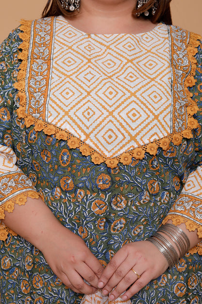 FLORAL GEOMETRIC DIAMOND PRINT COTTON 3 PEICE KURTA PANT IN OLIVE GREEN BY PLUSSIZEKURTI