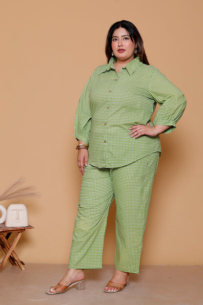GEOMETRIC MICRO PRINT COTTON CO-ORD SET IN PARROT GREEN  BY PLUSSIZEKURTI