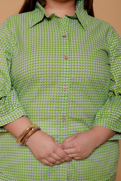 GEOMETRIC MICRO PRINT COTTON CO-ORD SET IN PARROT GREEN  BY PLUSSIZEKURTI