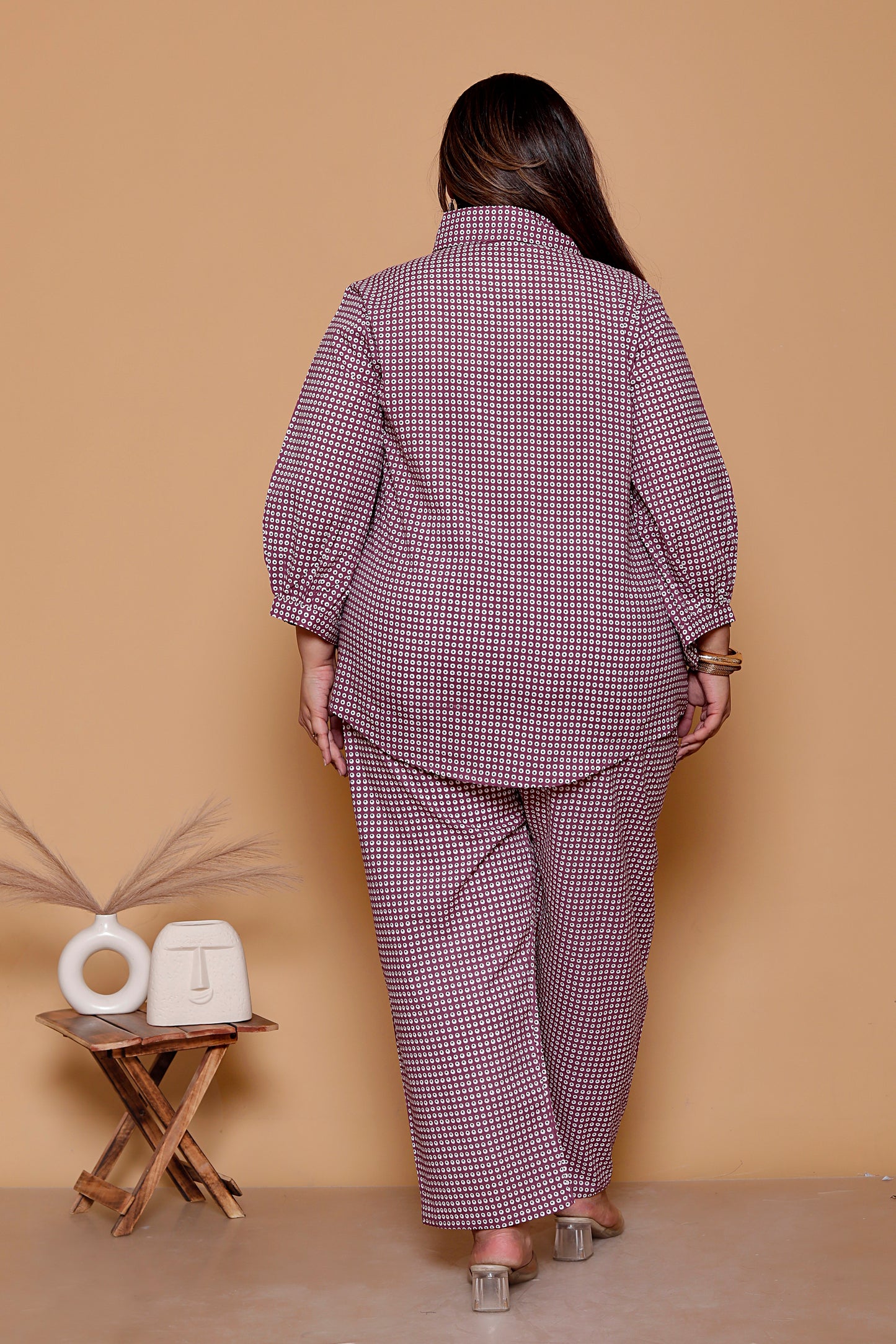 GEOMETRIC MICRO PRINT COTTON CO-ORD SET IN WINE BY PLUSSIZEKURTI