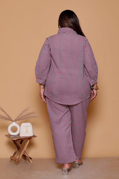 GEOMETRIC MICRO PRINT COTTON CO-ORD SET IN WINE BY PLUSSIZEKURTI