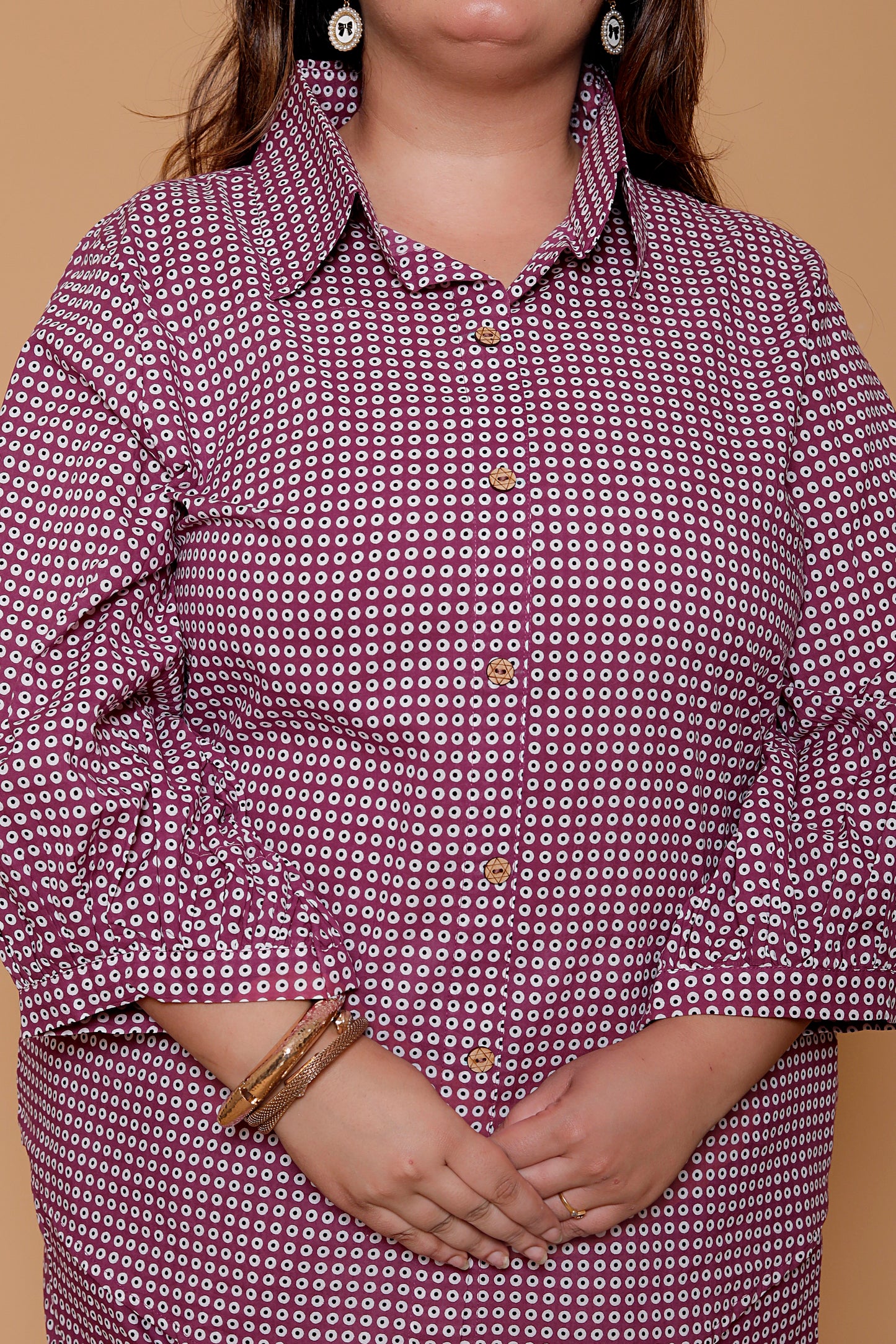 GEOMETRIC MICRO PRINT COTTON CO-ORD SET IN WINE BY PLUSSIZEKURTI