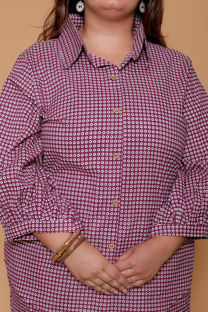 GEOMETRIC MICRO PRINT COTTON CO-ORD SET IN WINE BY PLUSSIZEKURTI
