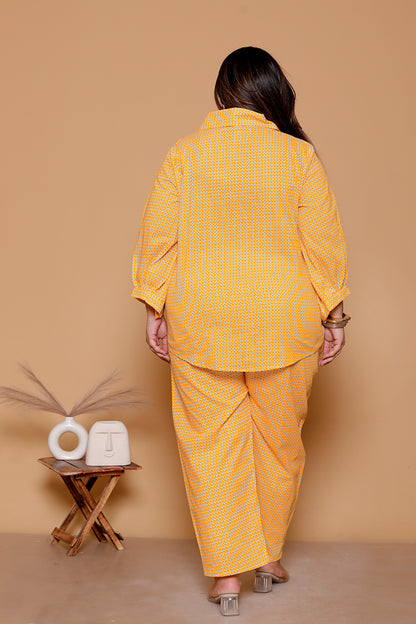 GEOMETRIC MICRO PRINT COTTON CO-ORD SET IN YELLOW BY PLUSSIZEKURTI