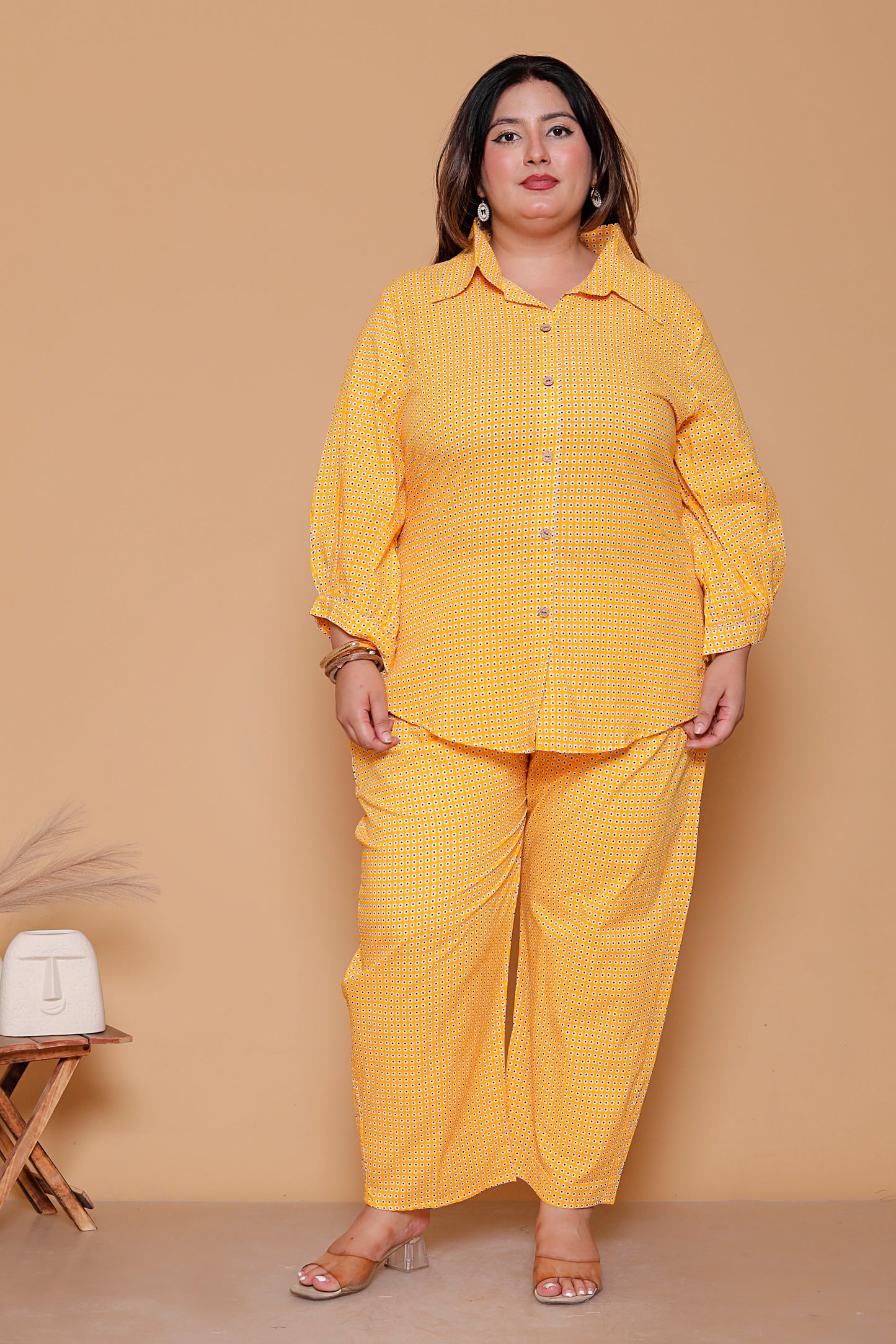GEOMETRIC MICRO PRINT COTTON CO-ORD SET IN YELLOW BY PLUSSIZEKURTI