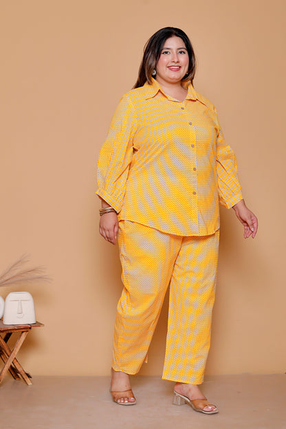 GEOMETRIC MICRO PRINT COTTON CO-ORD SET IN YELLOW BY PLUSSIZEKURTI
