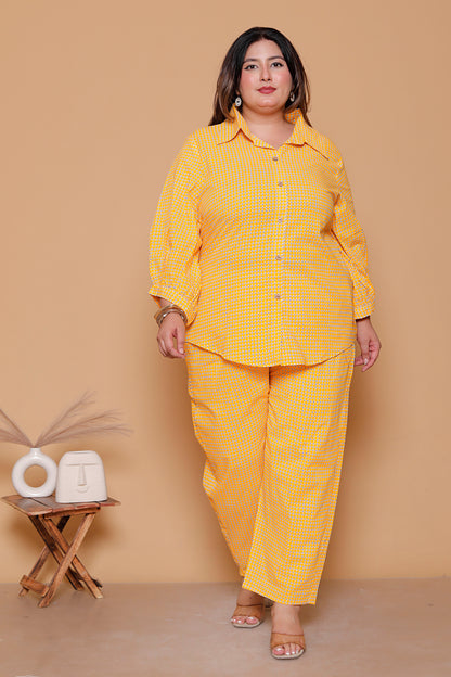 GEOMETRIC MICRO PRINT COTTON CO-ORD SET IN YELLOW BY PLUSSIZEKURTI
