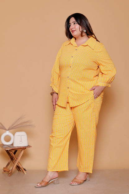 GEOMETRIC MICRO PRINT COTTON CO-ORD SET IN YELLOW BY PLUSSIZEKURTI