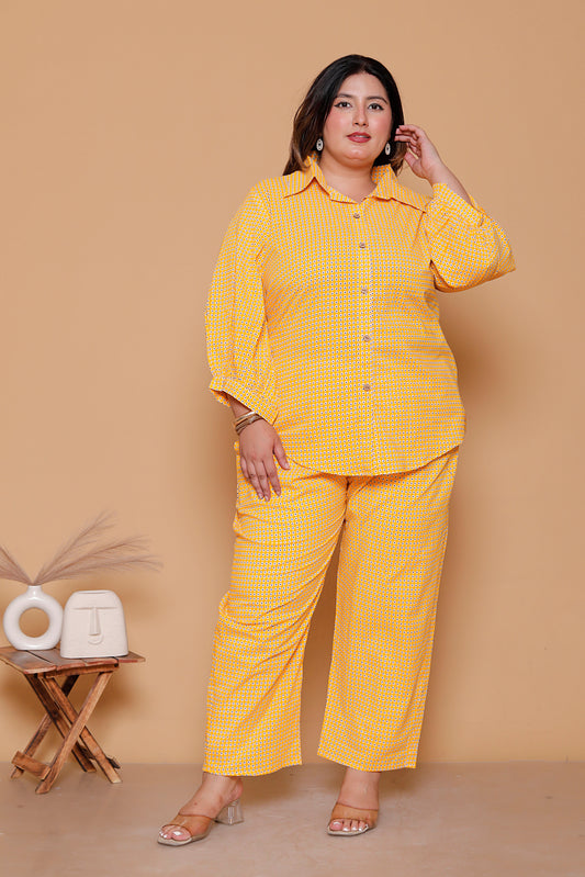 GEOMETRIC MICRO PRINT COTTON CO-ORD SET IN YELLOW BY PLUSSIZEKURTI