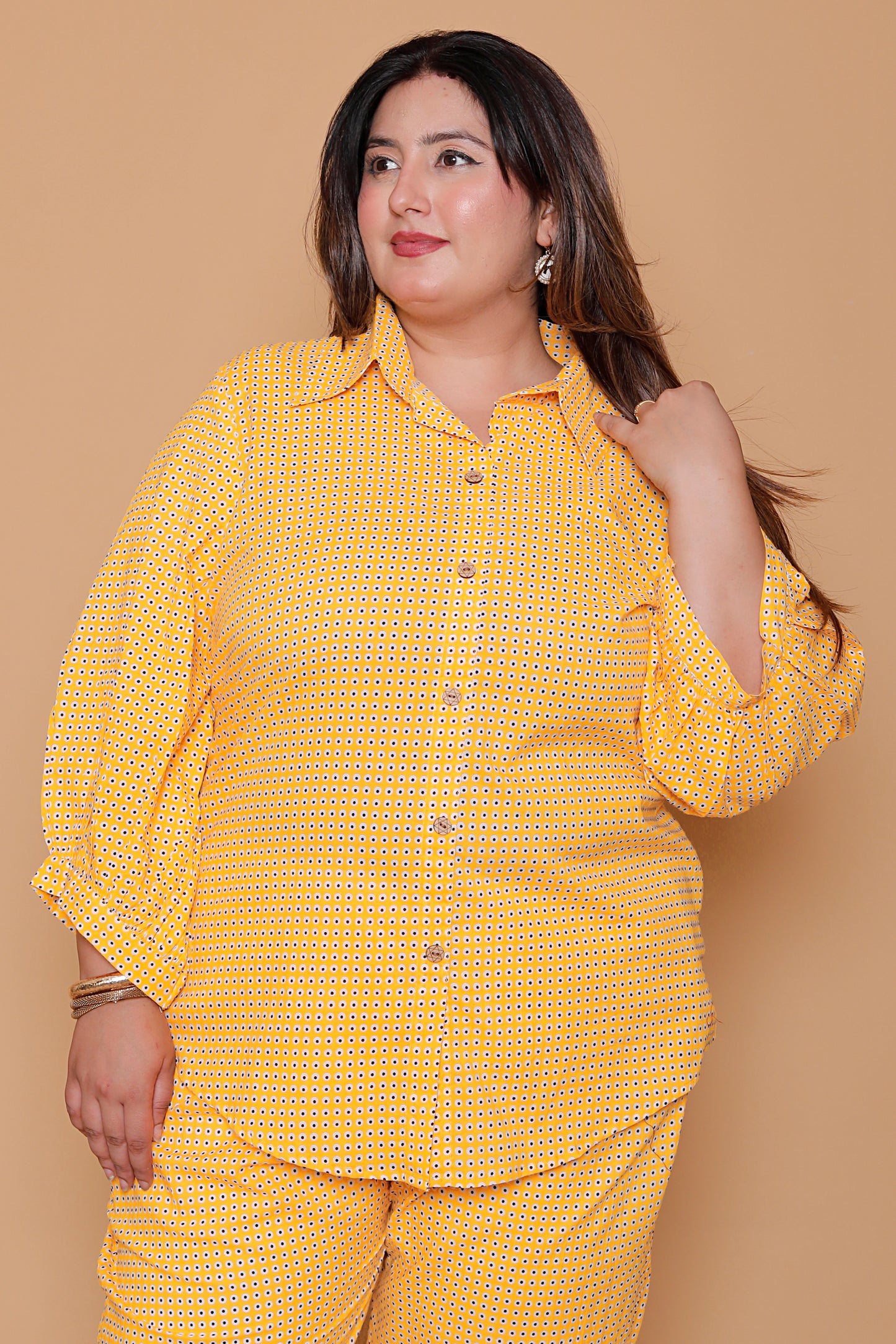 GEOMETRIC MICRO PRINT COTTON CO-ORD SET IN YELLOW BY PLUSSIZEKURTI