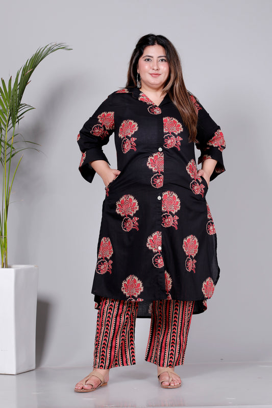 HANDBLOCK FLORAL BUTTA PRINT COTTON 2 PEICE KURTA PANT IN BLACK/RED BY PLUSSIZEKURTI
