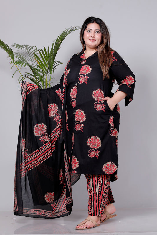 HANDBLOCK FLORAL BUTTA PRINT COTTON 3 PEICE KURTA PANT IN BLACK/RED BY PLUSSIZEKURTI
