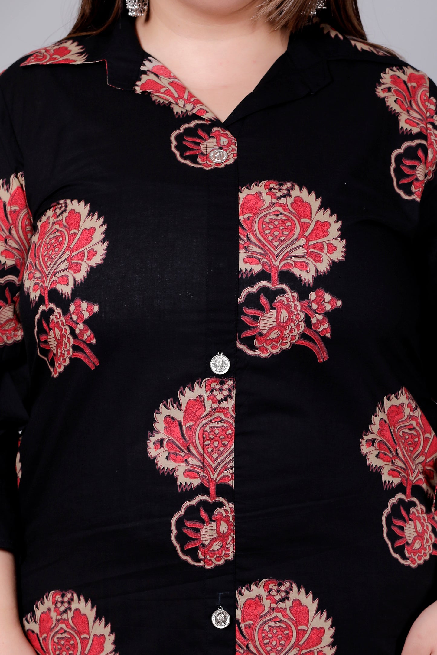 HANDBLOCK FLORAL BUTTA PRINT COTTON 2 PEICE KURTA PANT IN BLACK/RED BY PLUSSIZEKURTI