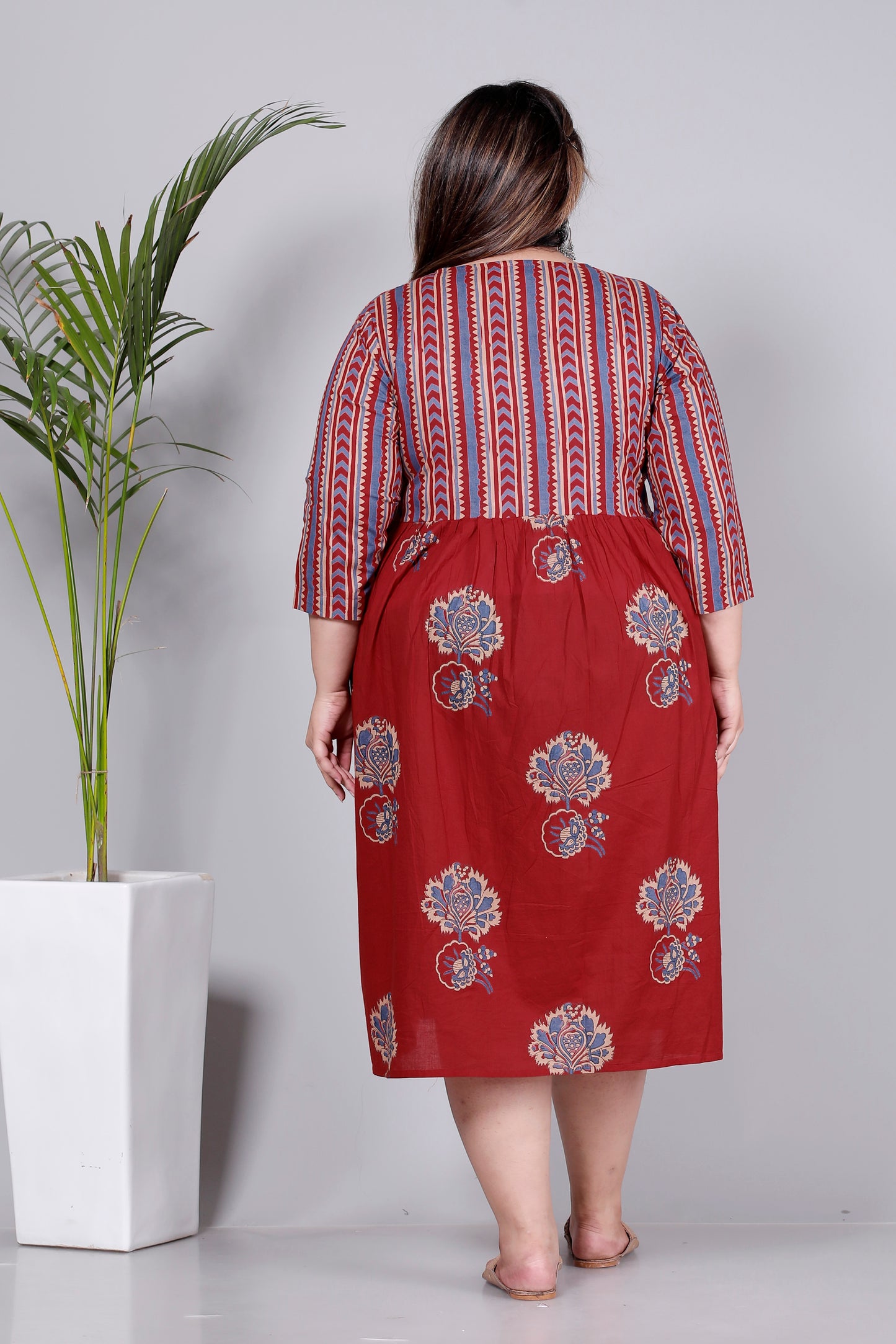 STRIPES FLORAL BUTTA PRINT COTTON DRESS IN RUST RED/BLUE BY PLUSSIZEKURTI