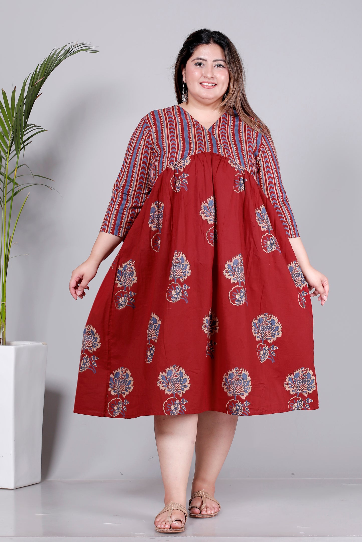 STRIPES FLORAL BUTTA PRINT COTTON DRESS IN RUST RED/BLUE BY PLUSSIZEKURTI