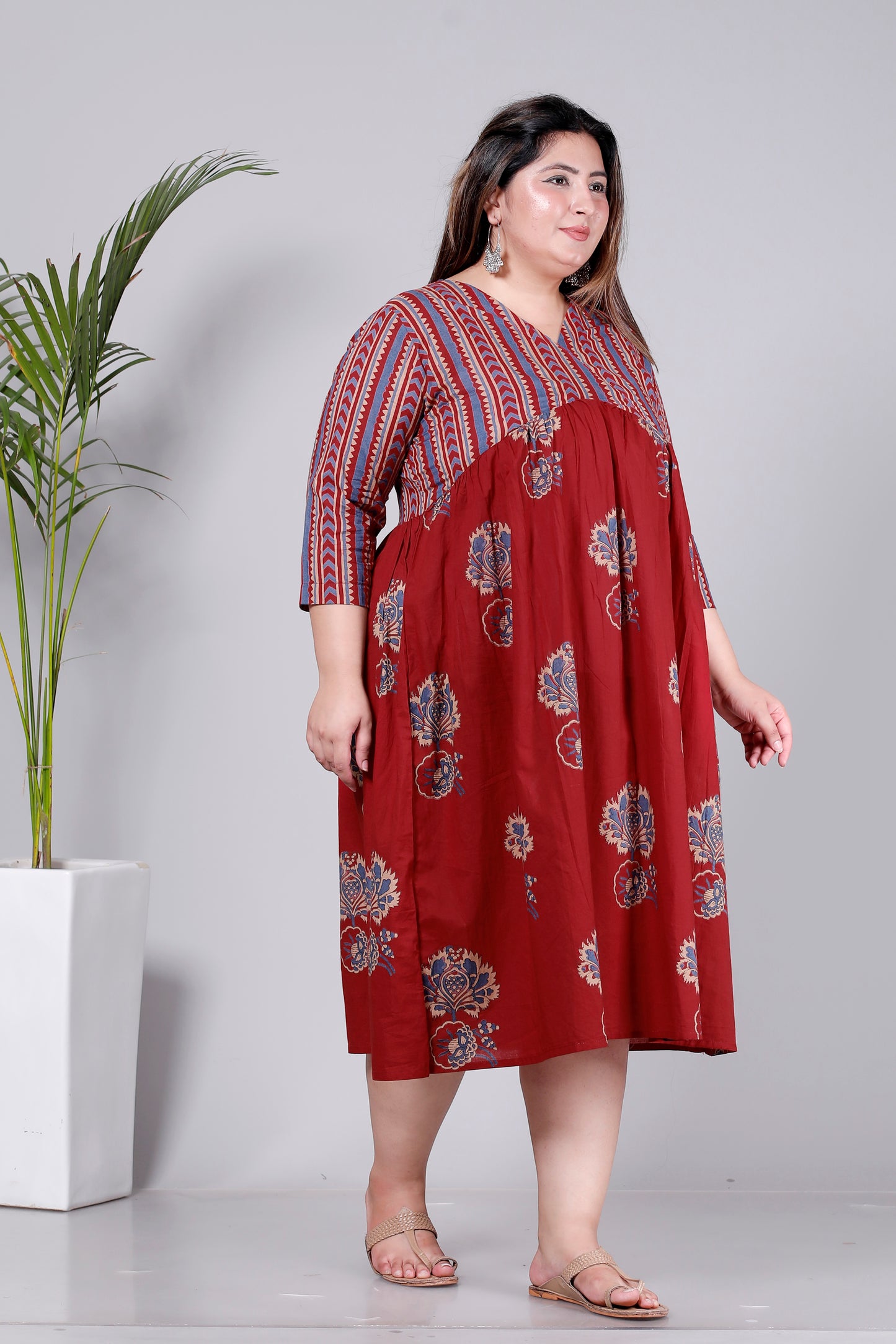 STRIPES FLORAL BUTTA PRINT COTTON DRESS IN RUST RED/BLUE BY PLUSSIZEKURTI