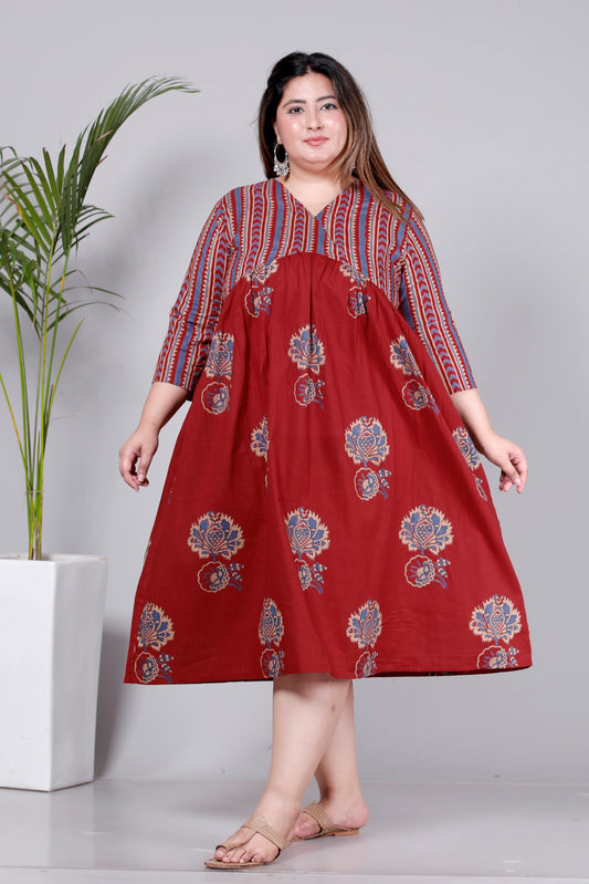 STRIPES FLORAL BUTTA PRINT COTTON DRESS IN RUST RED/BLUE BY PLUSSIZEKURTI
