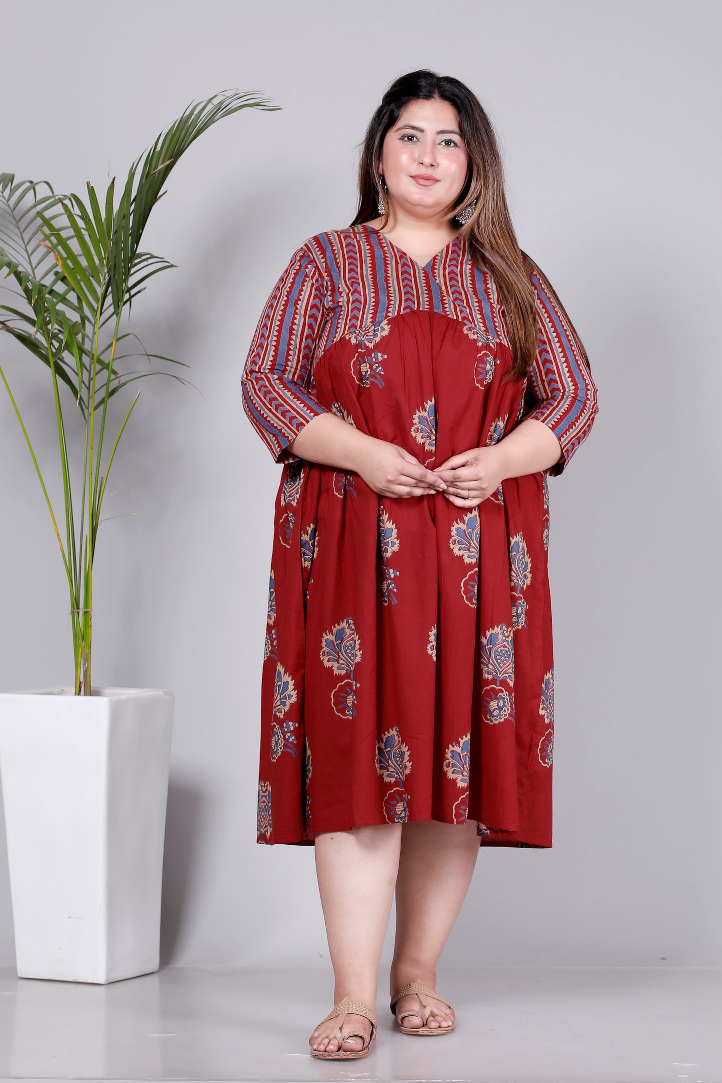 STRIPES FLORAL BUTTA PRINT COTTON DRESS IN RUST RED/BLUE BY PLUSSIZEKURTI