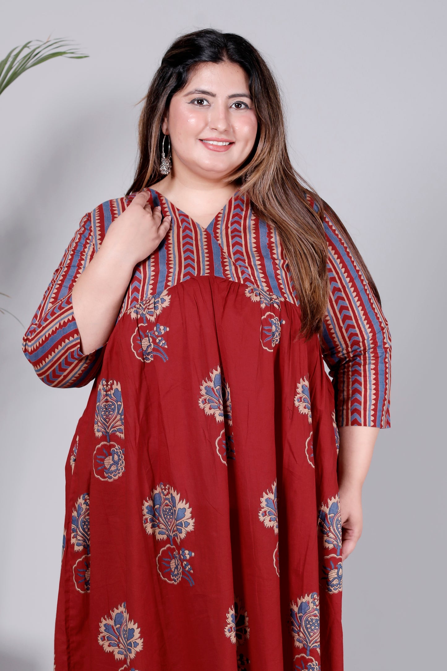 STRIPES FLORAL BUTTA PRINT COTTON DRESS IN RUST RED/BLUE BY PLUSSIZEKURTI