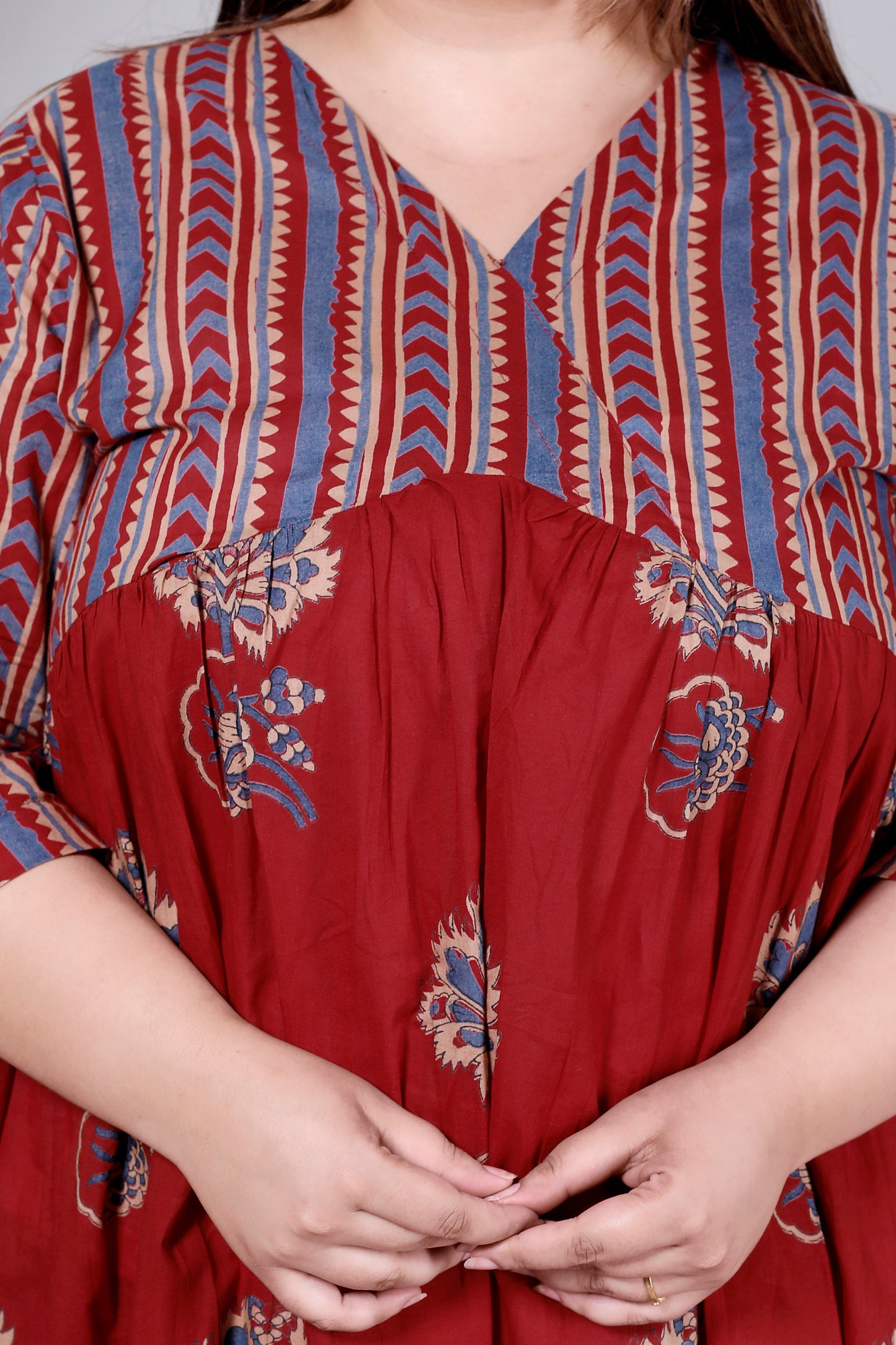 STRIPES FLORAL BUTTA PRINT COTTON DRESS IN RUST RED/BLUE BY PLUSSIZEKURTI