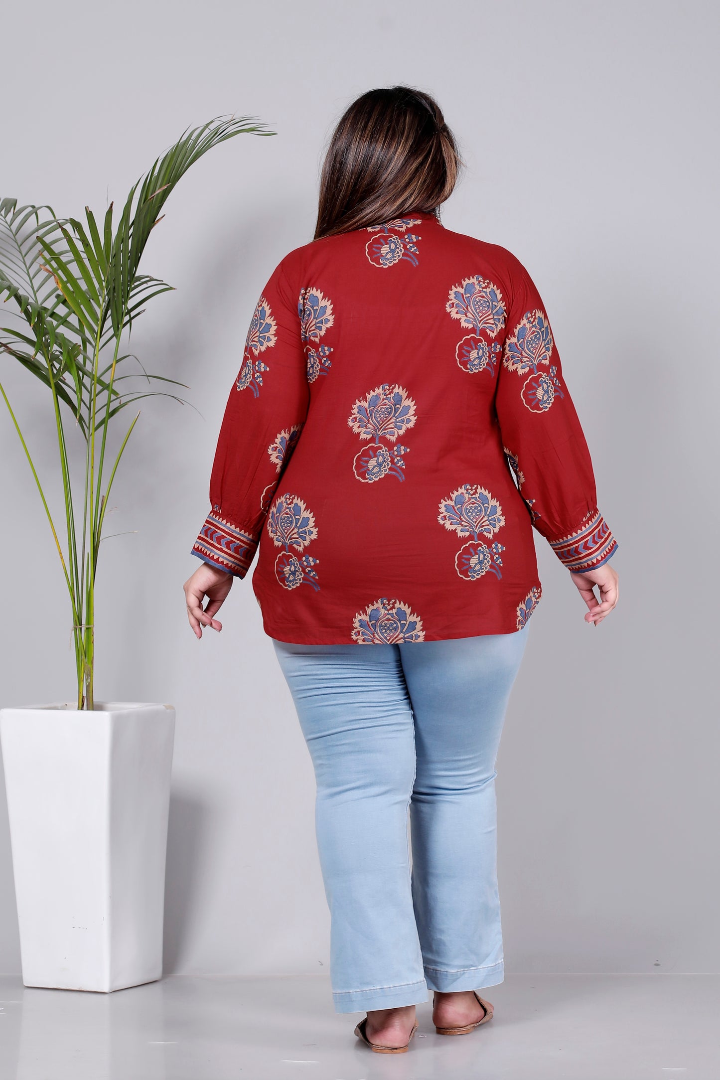 MUGAL BUTTA  GEOMETRIC PRINT COTTON TOP IN CHERRY RED/BLUE COLOUR BY PLUSSIZEKURTI