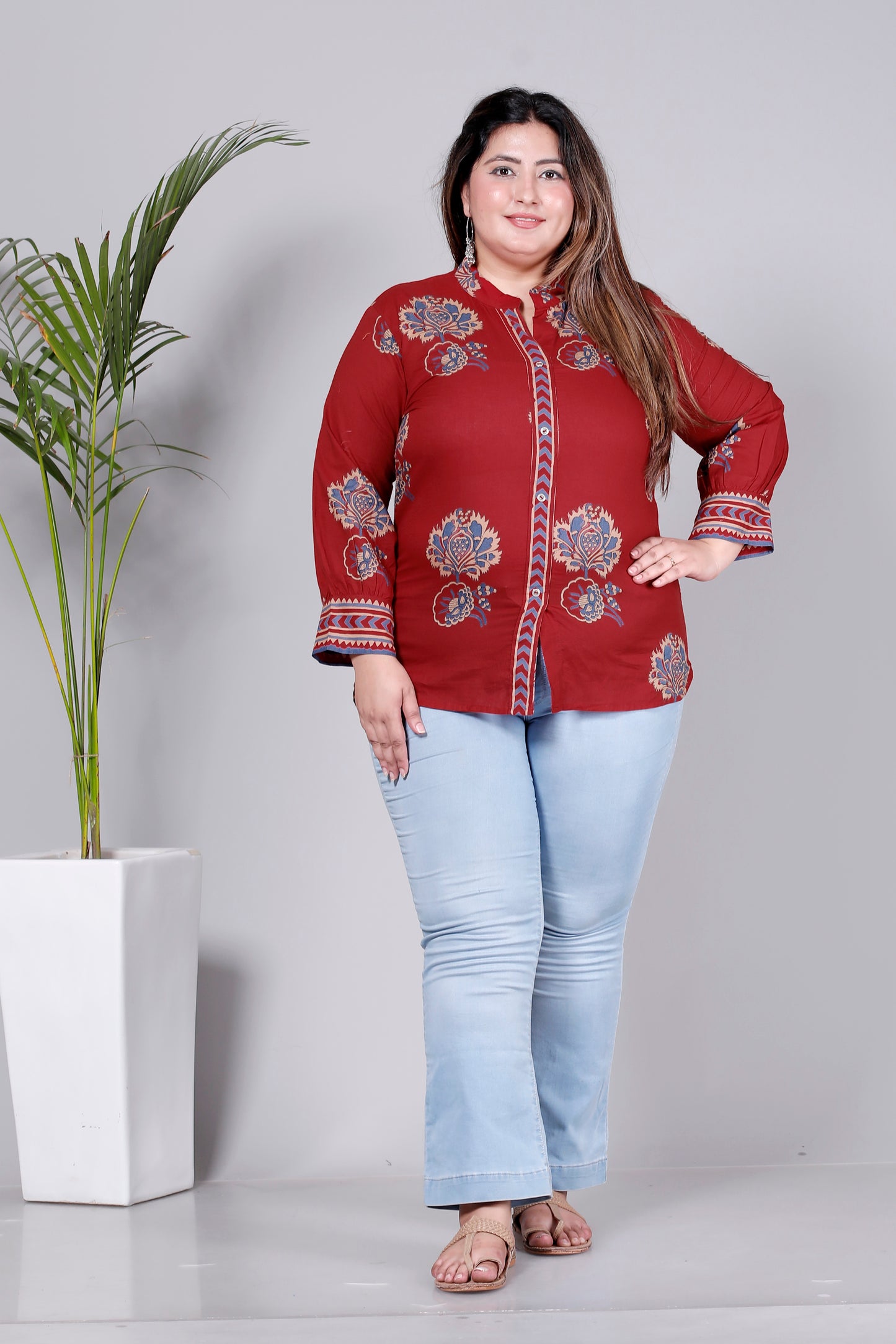 MUGAL BUTTA  GEOMETRIC PRINT COTTON TOP IN CHERRY RED/BLUE COLOUR BY PLUSSIZEKURTI