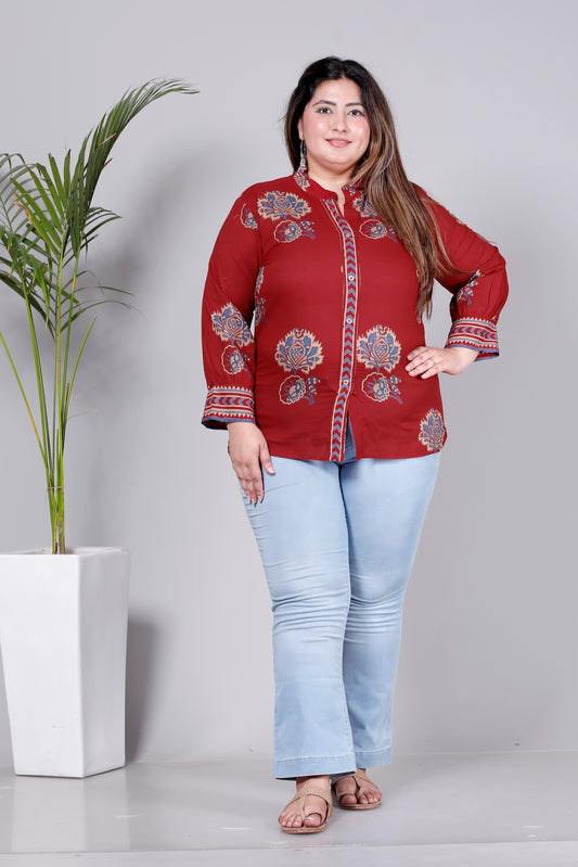 MUGAL BUTTA  GEOMETRIC PRINT COTTON TOP IN CHERRY RED/BLUE COLOUR BY PLUSSIZEKURTI