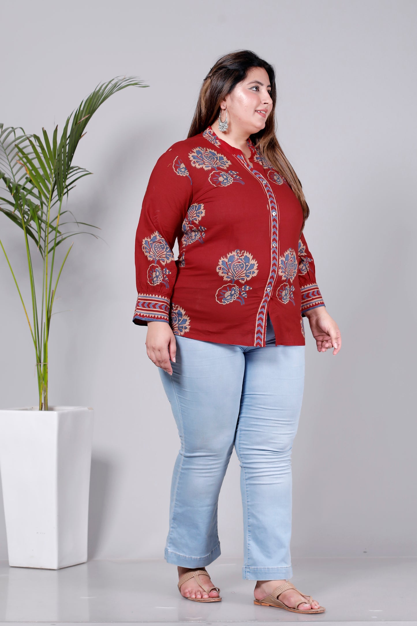 MUGAL BUTTA  GEOMETRIC PRINT COTTON TOP IN CHERRY RED/BLUE COLOUR BY PLUSSIZEKURTI