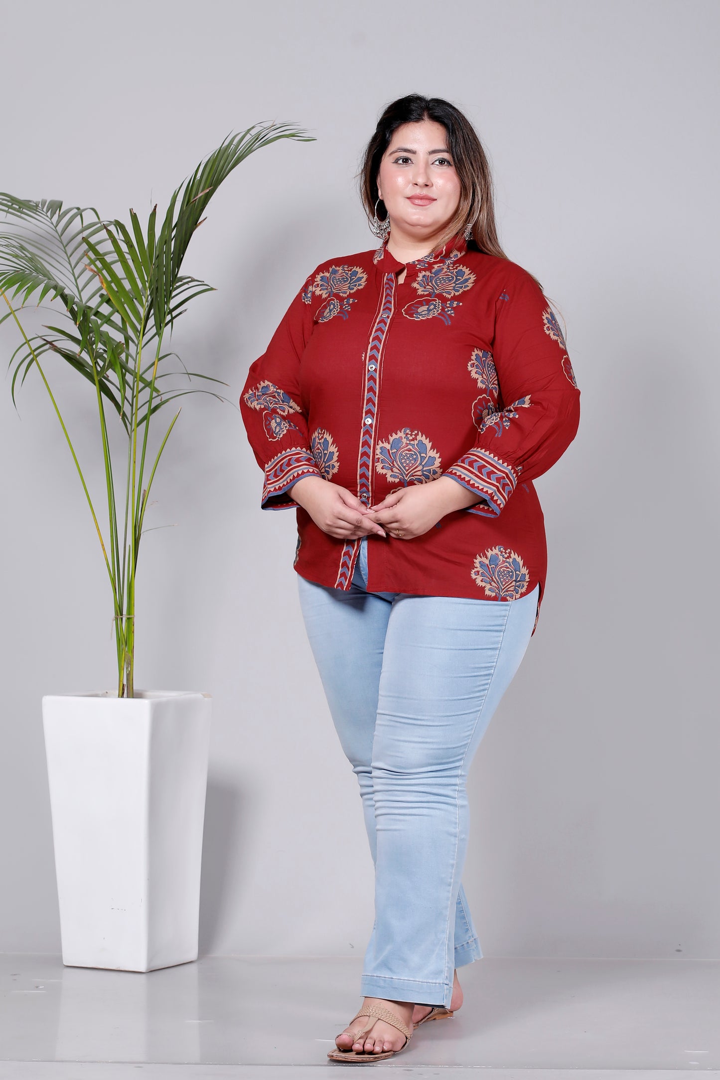 MUGAL BUTTA  GEOMETRIC PRINT COTTON TOP IN CHERRY RED/BLUE COLOUR BY PLUSSIZEKURTI