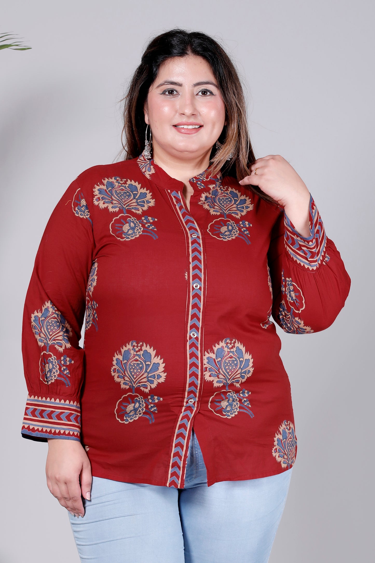 MUGAL BUTTA  GEOMETRIC PRINT COTTON TOP IN CHERRY RED/BLUE COLOUR BY PLUSSIZEKURTI