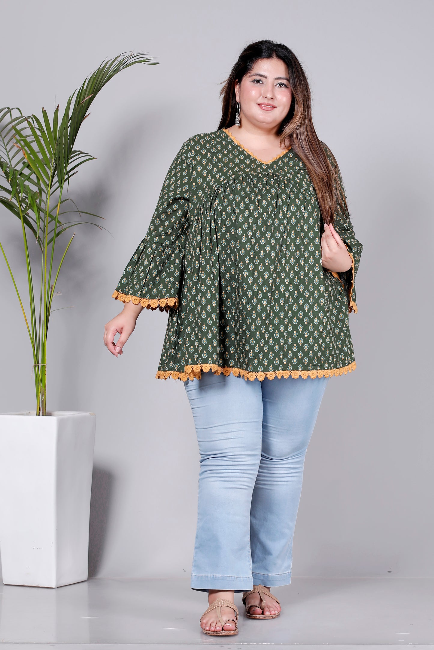 HAND BLOCK BUTTI PRINT COTTON TOP IN CHERRY OLIVE GREEN/MUSTURED COLOUR BY PLUSSIZEKURTI