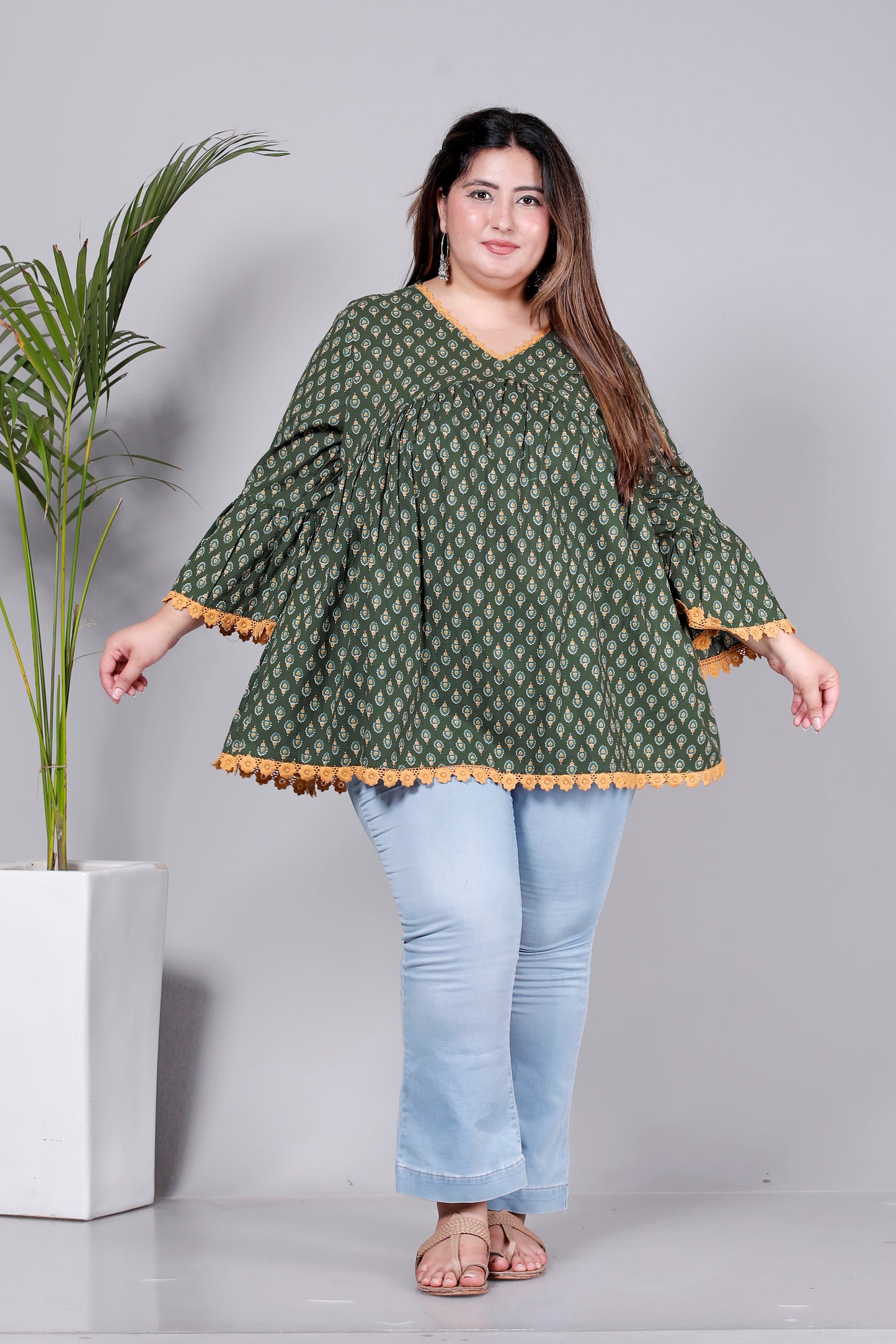 HAND BLOCK BUTTI PRINT COTTON TOP IN CHERRY OLIVE GREEN/MUSTURED COLOUR BY PLUSSIZEKURTI